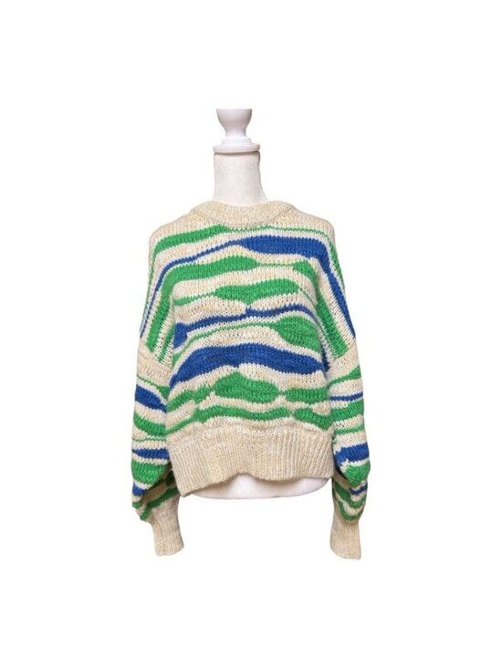 Aerie Sweaters - Aerie Women’s Wool Blend Striped Cropped Chunky Knit Sweater Medium Green Blue